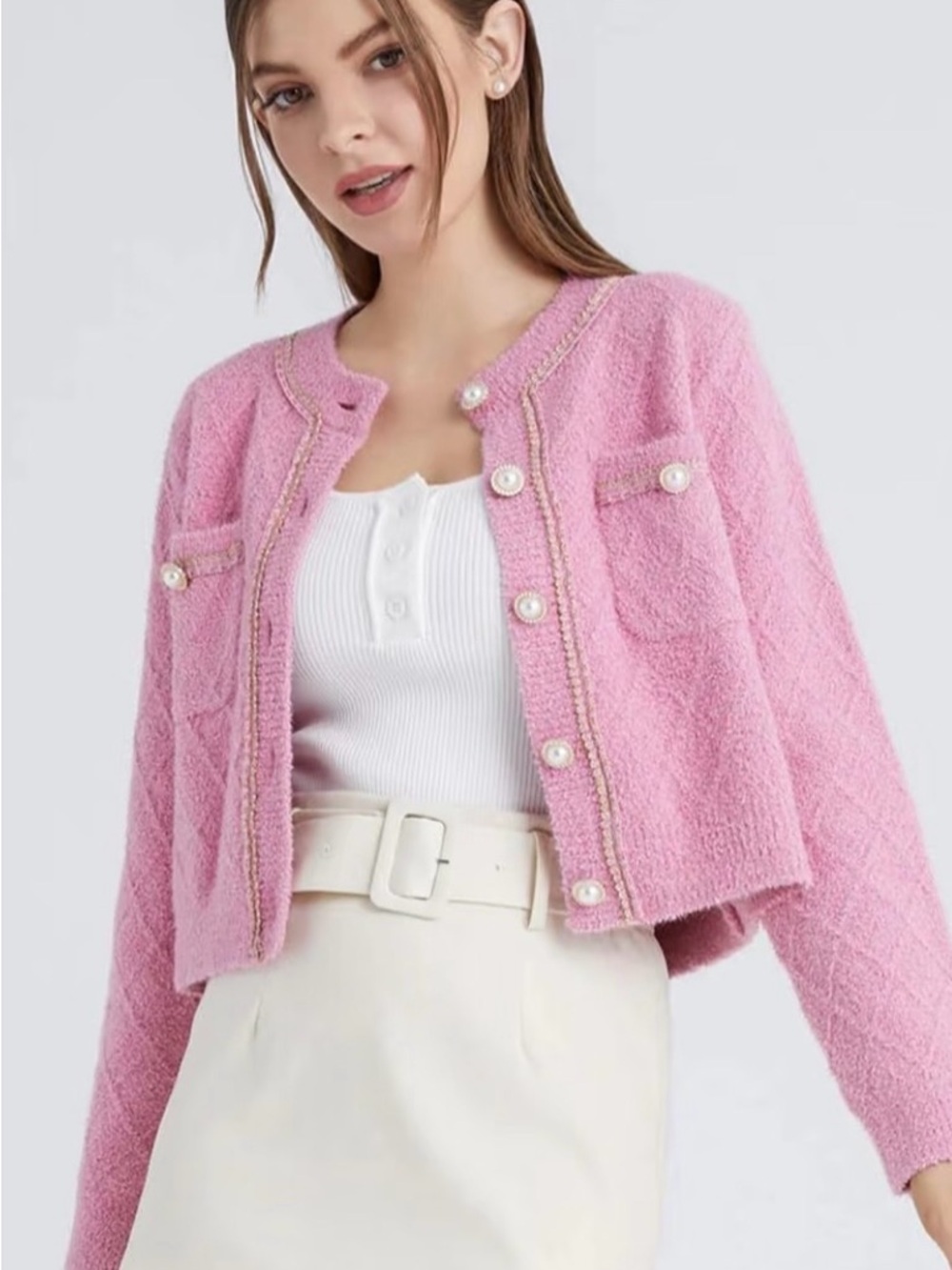 Cropped Pink Bouclé Pearl-Button Cardigan